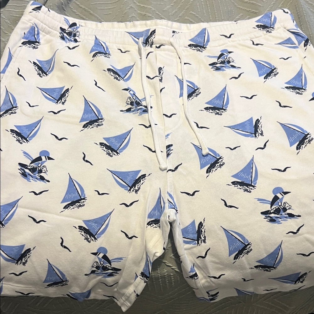 Ralph Lauren White Athletic Shorts with Blue Sailboat Print